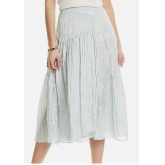 $325 Vince Tiered Asymmetrical Pastel Mint Crinkle Satin Faux Wrap Midi Skirt L